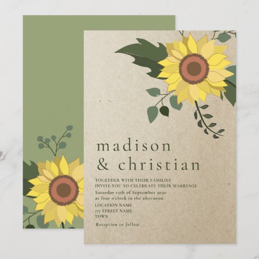Sunflower Modern Sage Green Wedding Kaart (Voorkant / Achterkant)