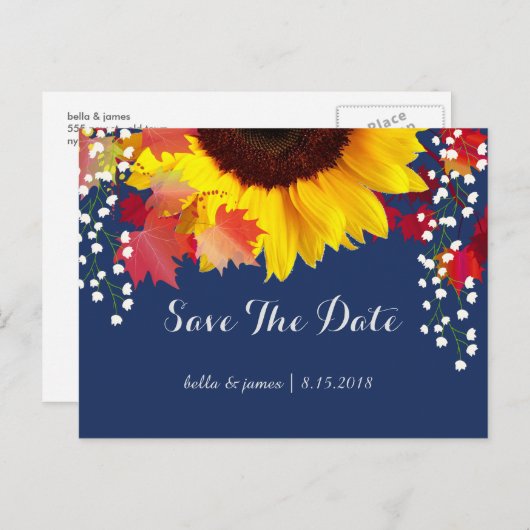 Sunflower Navy Blue Bewaar de datumkaarten Aankondigingskaart (Voorkant / Achterkant)