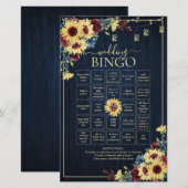 Sunflower Navy Blue Burgundy Wedding Bingo Game (Voorkant / Achterkant)