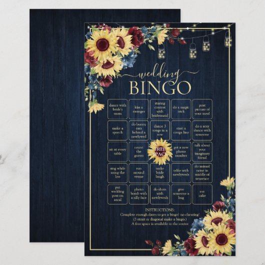Sunflower Navy Blue Burgundy Wedding Bingo Game (Voorkant / Achterkant)