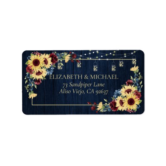 Sunflower Navy Blue Burgundy Wood Floral Adres Etiket (Voorkant)