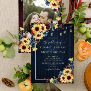 Sunflower Navy Blue Burgundy Wood Floral Foto v1 Kaart