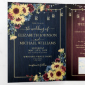 Sunflower Navy Blue Burgundy Wood Floral Weddensch Drieluik Uitnodiging (Binnenzijde eerst)