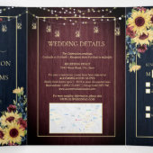 Sunflower Navy Blue Burgundy Wood Floral Weddensch Drieluik Uitnodiging (Binnenkant midden)