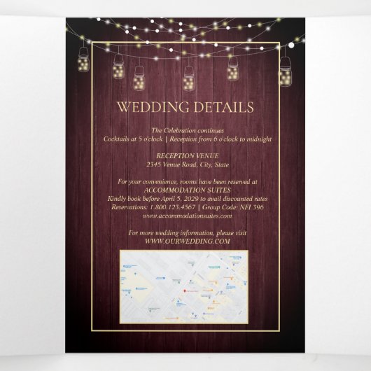 Sunflower Navy Blue Burgundy Wood Floral Weddensch Drieluik Uitnodiging (Binnenkant midden)