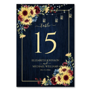 Sunflower Navy Blue Burgundy Wood Floral Weddensch Kaart