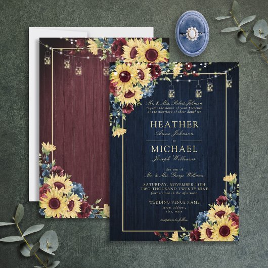 Sunflower Navy Blue Burgundy Wood Floral Weddensch Kaart