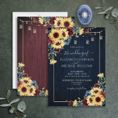 Sunflower Navy Blue Burgundy Wood Floral Weddensch Kaart