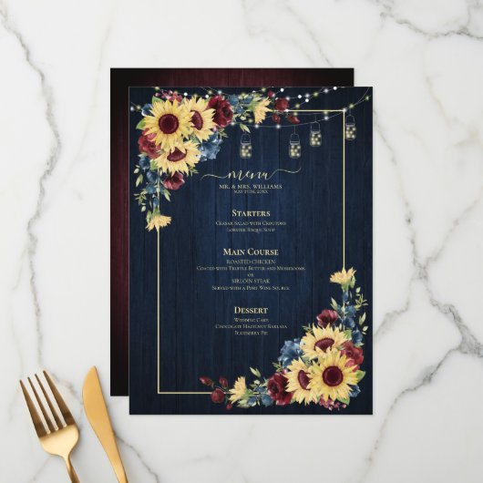 Sunflower Navy Blue Burgundy Wood Floral Weddensch Menu (Voorkant / Achterkant in situ)