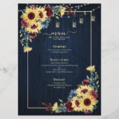 Sunflower Navy Blue Burgundy Wood Floral Weddensch Menu (Voorkant)