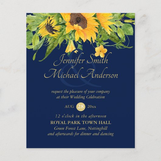 Sunflower Navy Blue Country Floral Wedding Invite (Voorkant)