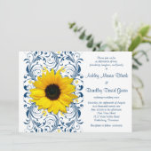 Sunflower Navy Blue Floral Wedding Invitation Kaart (Staand voorkant)