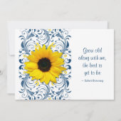 Sunflower Navy Blue Floral Wedding Invitation Kaart (Achterkant)