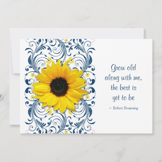 Sunflower Navy Blue Floral Wedding Invitation Kaart (Achterkant)