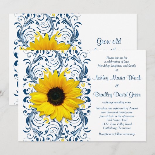 Sunflower Navy Blue Floral Wedding Invitation Kaart (Voorkant / Achterkant)