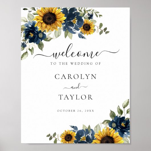Sunflower Navy Blue Greenery Wedding Welcome Sign Poster (Voorkant)