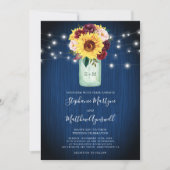 Sunflower Navy Blue Mason Jar Lights Wedding Kaart (Voorkant)