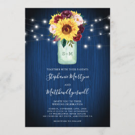 Sunflower Navy Blue Mason Jar Lights Wedding Kaart