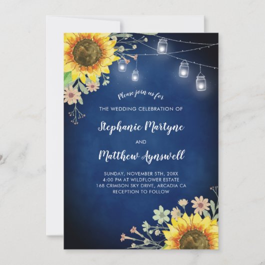 Sunflower Navy Blue Mason Jar Lights Wedding Kaart (Voorkant)