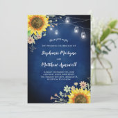 Sunflower Navy Blue Mason Jar Lights Wedding Kaart (Staand voorkant)
