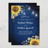 Sunflower Navy Blue Mason Jar Lights Wedding Kaart (Voorkant / Achterkant)