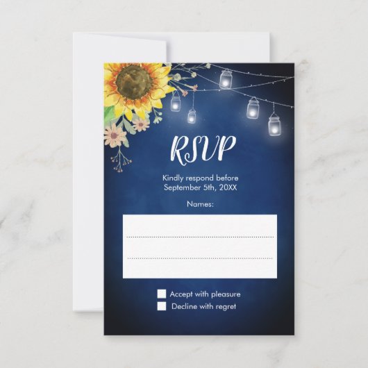 Sunflower Navy Blue Mason Jar Lights Wedding RSVP Kaartje (Voorkant)