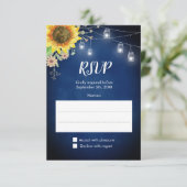 Sunflower Navy Blue Mason Jar Lights Wedding RSVP Kaartje (Staand voorkant)