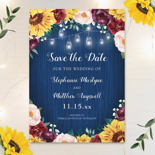 Sunflower Navy Blue Mason Jar Lights Wedding Save The Date