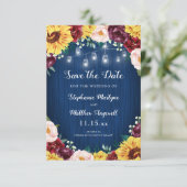 Sunflower Navy Blue Mason Jar Lights Wedding Save The Date (Staand voorkant)