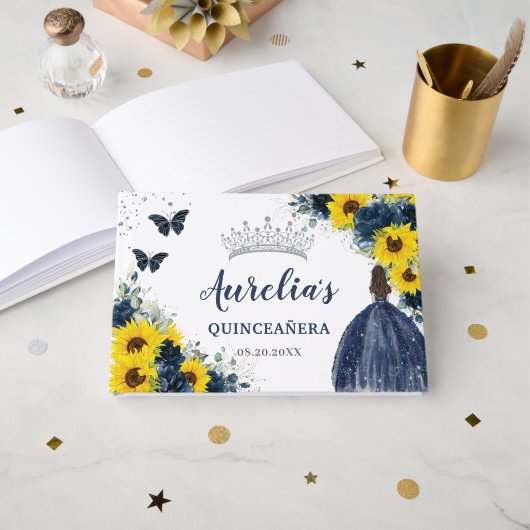 Sunflower Navy Blue Princess Silver Quinceañera Gastenboek (Voorkant open)