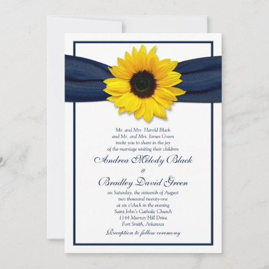 Sunflower Navy Blue Ribbon Wedding Invitation Kaart (Voorkant)