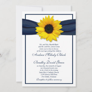 Sunflower Navy Blue Ribbon Wedding Invitation Kaart