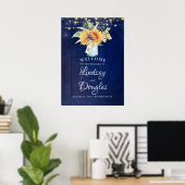 Sunflower Navy Blue Rustic Wedding Welcome Sign Poster (Thuiskantoor)