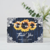 Sunflower Navy Blue Rustic Wood Weddenschap Bedankkaart (Staand voorkant)