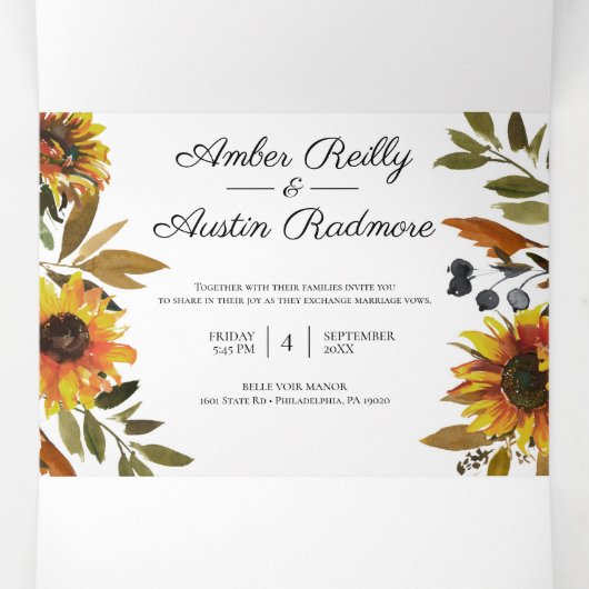 Sunflower Navy Blue Weddenschap in één uitnodiging (Binnenkant midden)