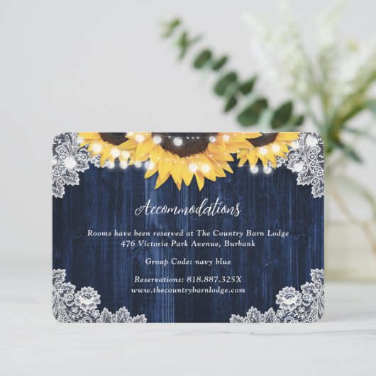 Sunflower Navy Blue Wedding Hotel Accommodation Informatiekaartje (Staand voorkant)