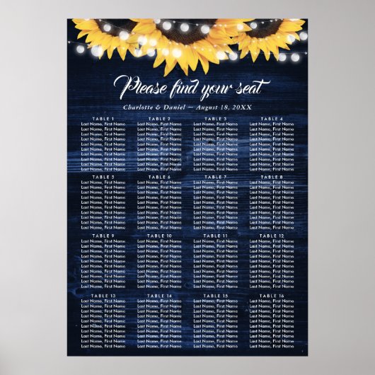 Sunflower Navy Blue Wedding Seating Chart 16 Poster (Voorkant)