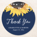 Sunflower Navy Blue Wedding Thank You Ronde Kartonnen Onderzetter<br><div class="desc">Rustic navy blue and sunflower wedding favor coasters featuring sunflowers and string lights on a navy blue background. Perfect items for a navy blue rustic wedding party inspired by sunflower flowers. Inexpensive navy blue rustic wedding gifts,  or party décor.</div>