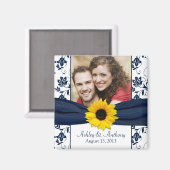 Sunflower Navy Blue White Damask Wedding Magnet (Voorkant / Achterkant)