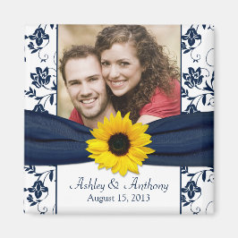Sunflower Navy Blue White Damask Wedding Magnet