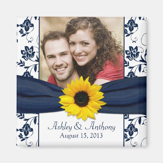 Sunflower Navy Blue White Damask Wedding Magnet (Voorkant)