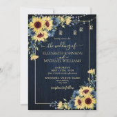 Sunflower Navy Blue Wood Floral Foto Weddenschap Kaart (Voorkant)