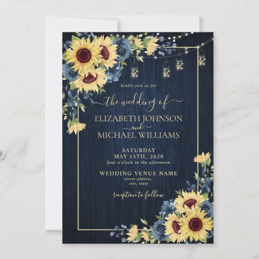 Sunflower Navy Blue Wood Floral Foto Weddenschap Kaart (Voorkant)