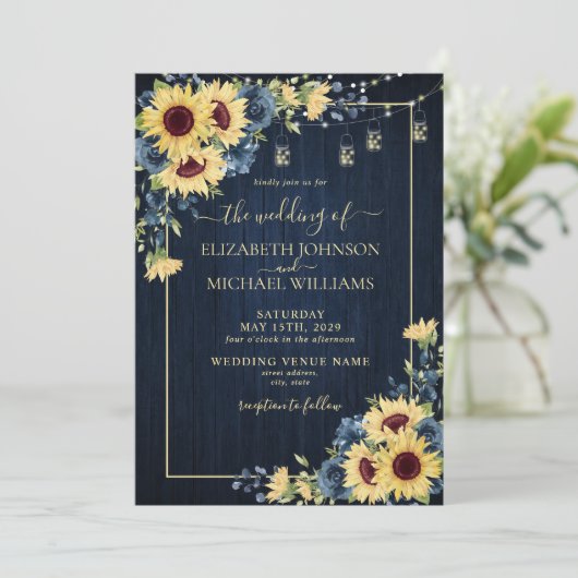 Sunflower Navy Blue Wood Floral Foto Weddenschap Kaart (Staand voorkant)