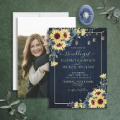 Sunflower Navy Blue Wood Floral Foto Weddenschap Kaart