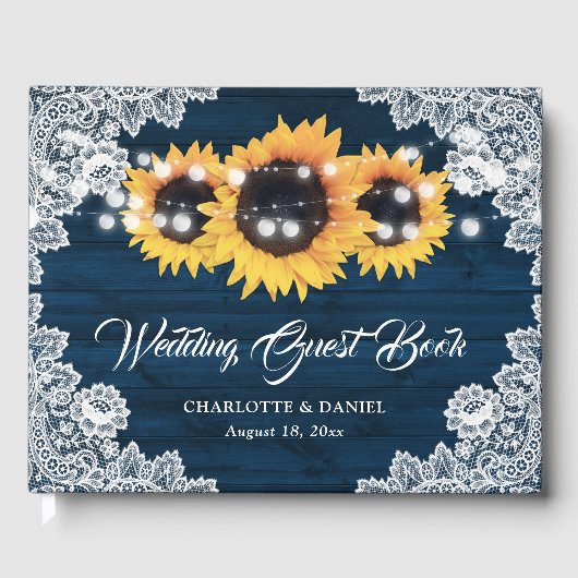 Sunflower Navy Blue Wood Floral Lace Wedding Gastenboek (Voorkant)