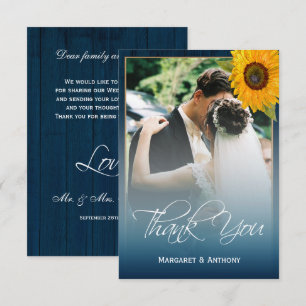 Sunflower Navy Blue Wood Rustic Wedding Bedankkaart
