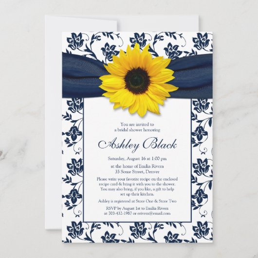 Sunflower Navy Damask Bridal Shower Invitation Kaart (Voorkant)