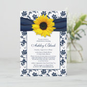 Sunflower Navy Damask Bridal Shower Invitation Kaart (Staand voorkant)