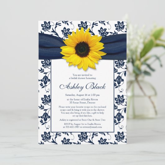 Sunflower Navy Damask Bridal Shower Invitation Kaart (Staand voorkant)